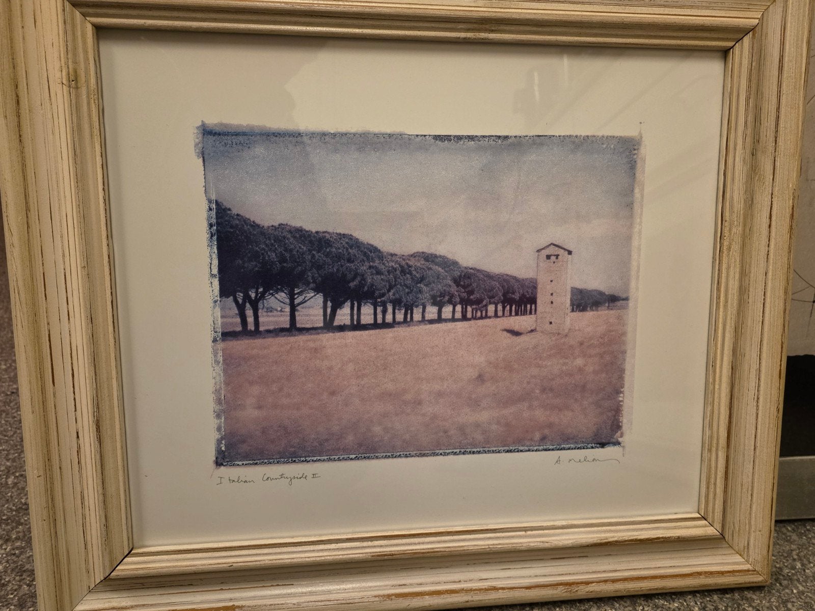 print 'Italian Countryside II' gesigneerd A. Nelso, Antiek en Kunst, Ophalen of Verzenden, Print, Print/reproductie, Achter glas