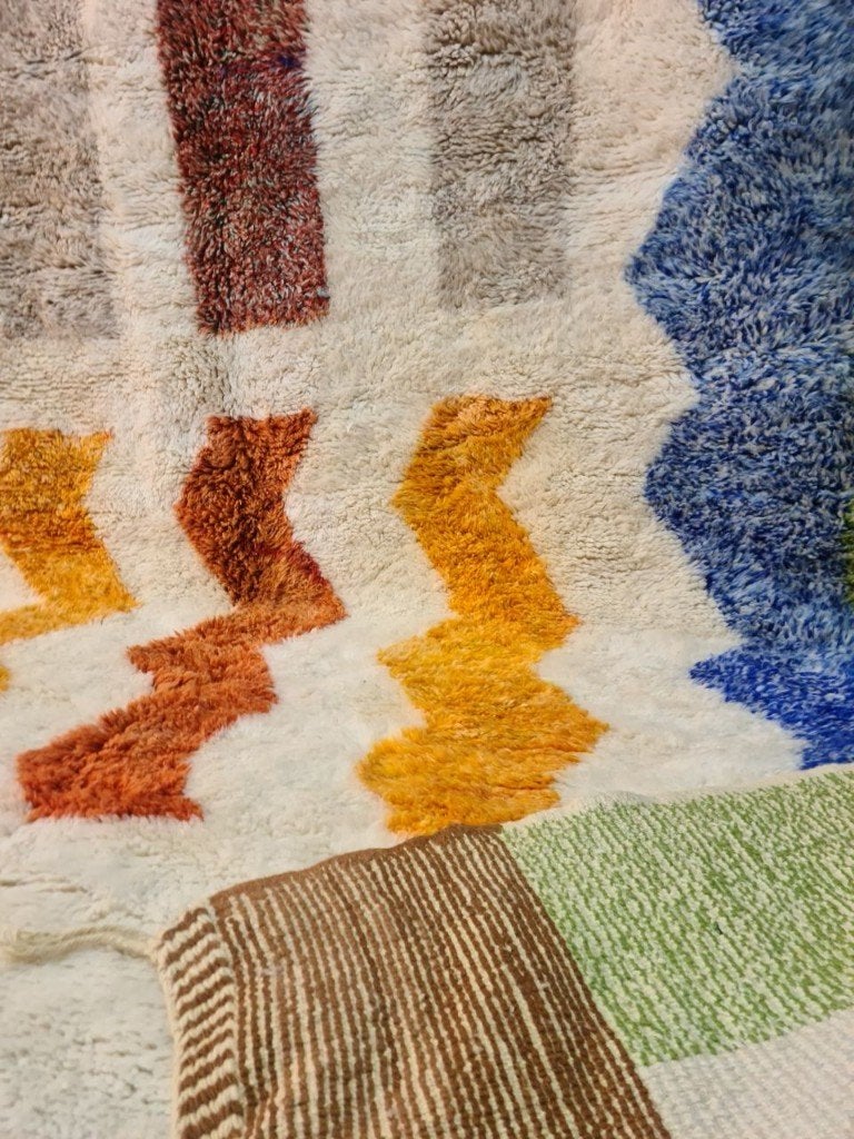 Beni Ouarain vloerkleed 200x300 – crème kleurrijk zigzag, Boho, Handgemaakt, MarocCarpets, Info@maroccarpets.nl, Ophalen of Verzenden