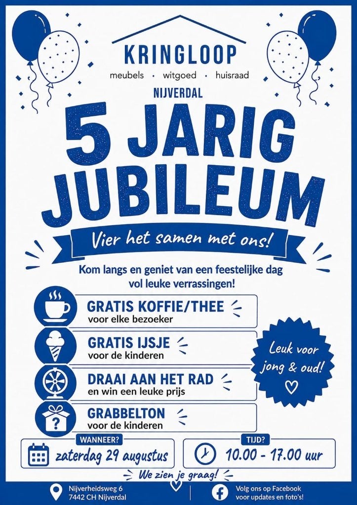 5 jarig jubileum Kringloop Nijverdal (29 Augustus 2026), Diversen, Ophalen, Kringloop Nijverdal, Nijverheidsweg 6, 7442 CH Nijverdal