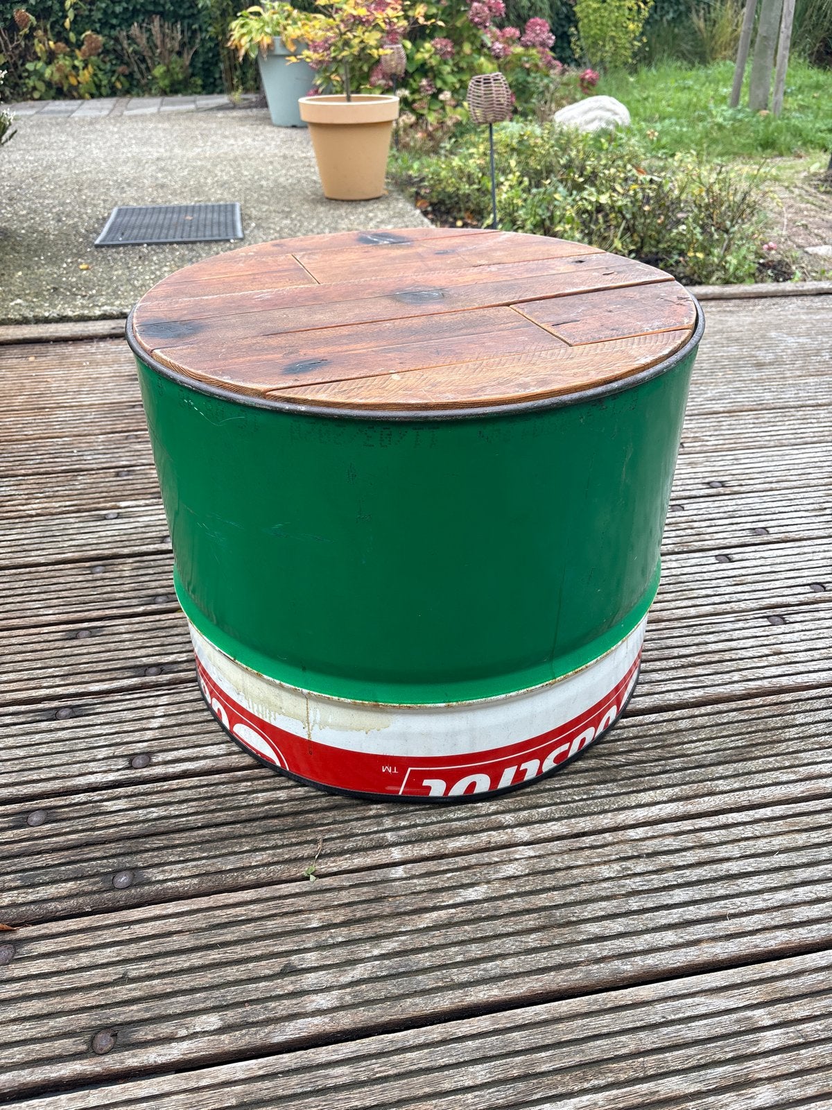 Unieke salontafel/plantenbak van olievat met houten blad, Ophalen, Minder dan 50 cm, Gebruikt, 50 tot 100 cm