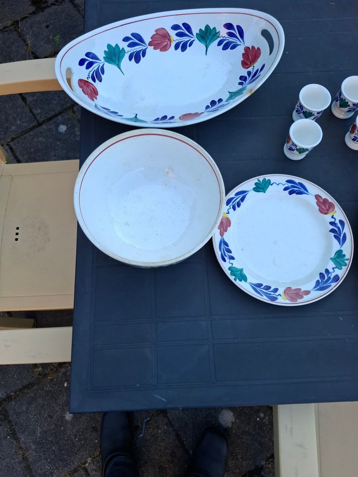 Vintage Delfts Blauw servies-2 schalen, 1 bord, 4 eierdopje, Ophalen of Verzenden