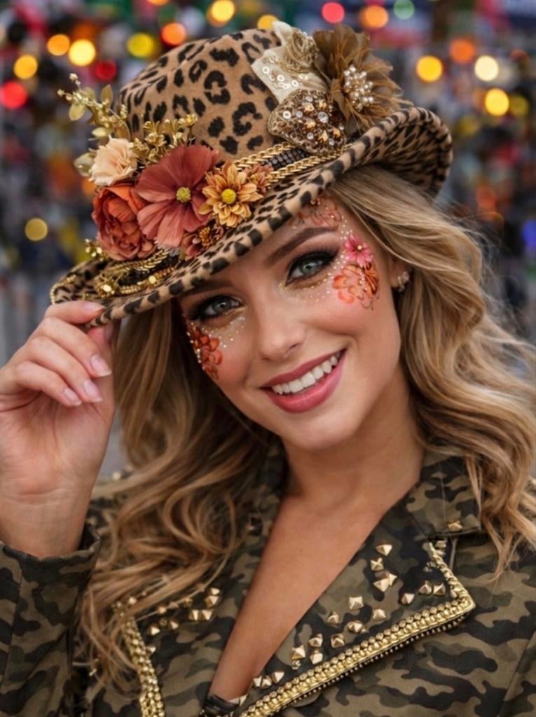 Panterprint hoed met bloemen en gouden details Bloemfetti, Ophalen of Verzenden, Nieuw, Carnaval