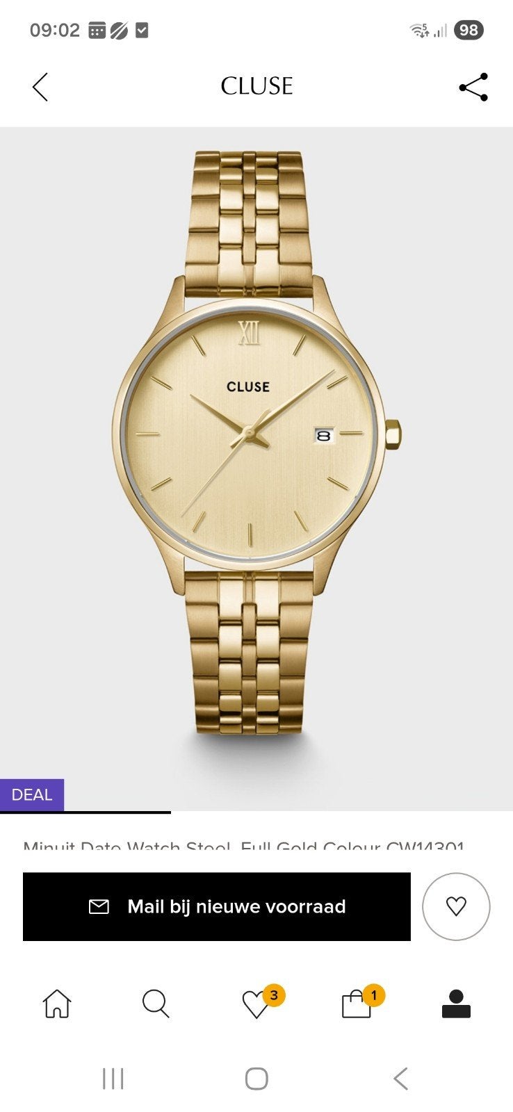 cluse minuit goudkleurig dames horloge, Overige merken, Ophalen of Verzenden, Zo goed als nieuw, Overige materialen