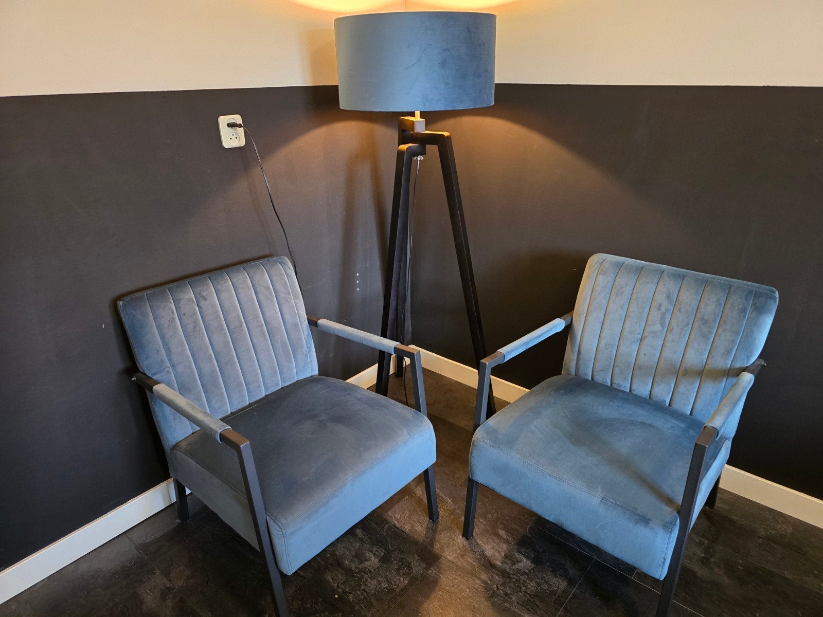 Set van 2 blauwe fluwelen fauteuils met vloerlamp, Ophalen, Twee, Zo goed als nieuw, Modern, Industrieel, Scandinavisch