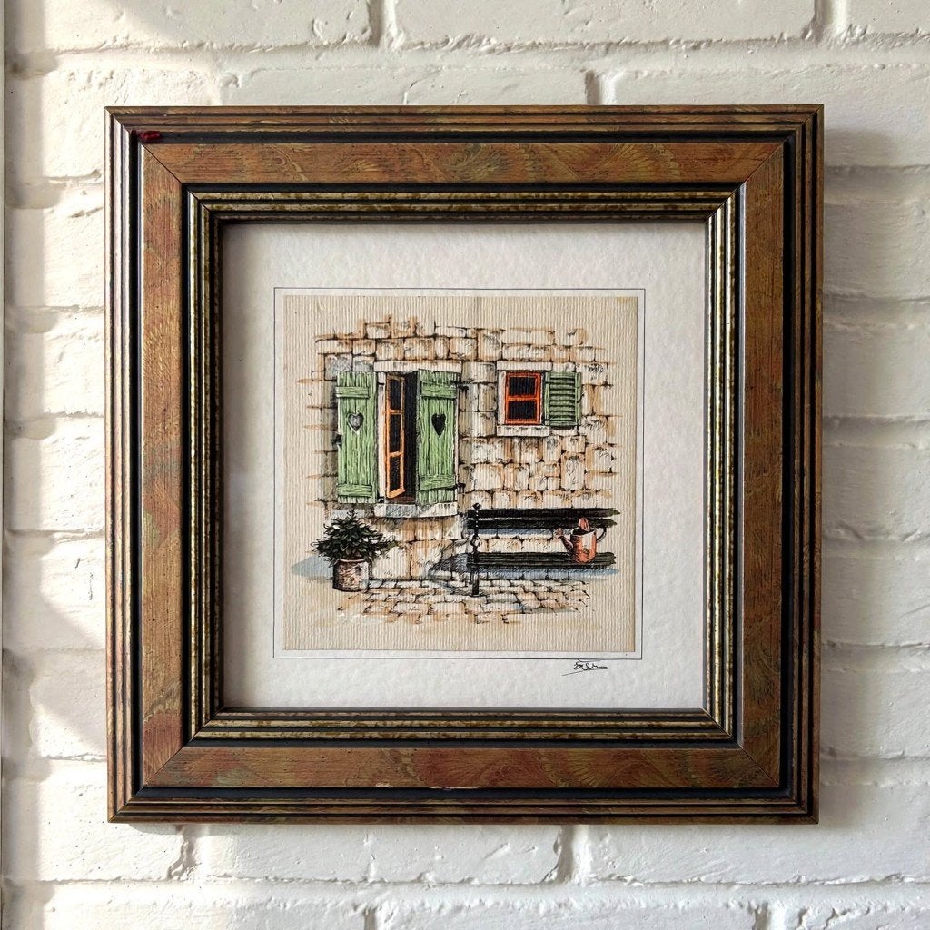 Vintage Brocante Lijstje Huisje Groene Luiken Brocante, Minder dan 50 cm, Gebruikt, Tekening, Ophalen of Verzenden