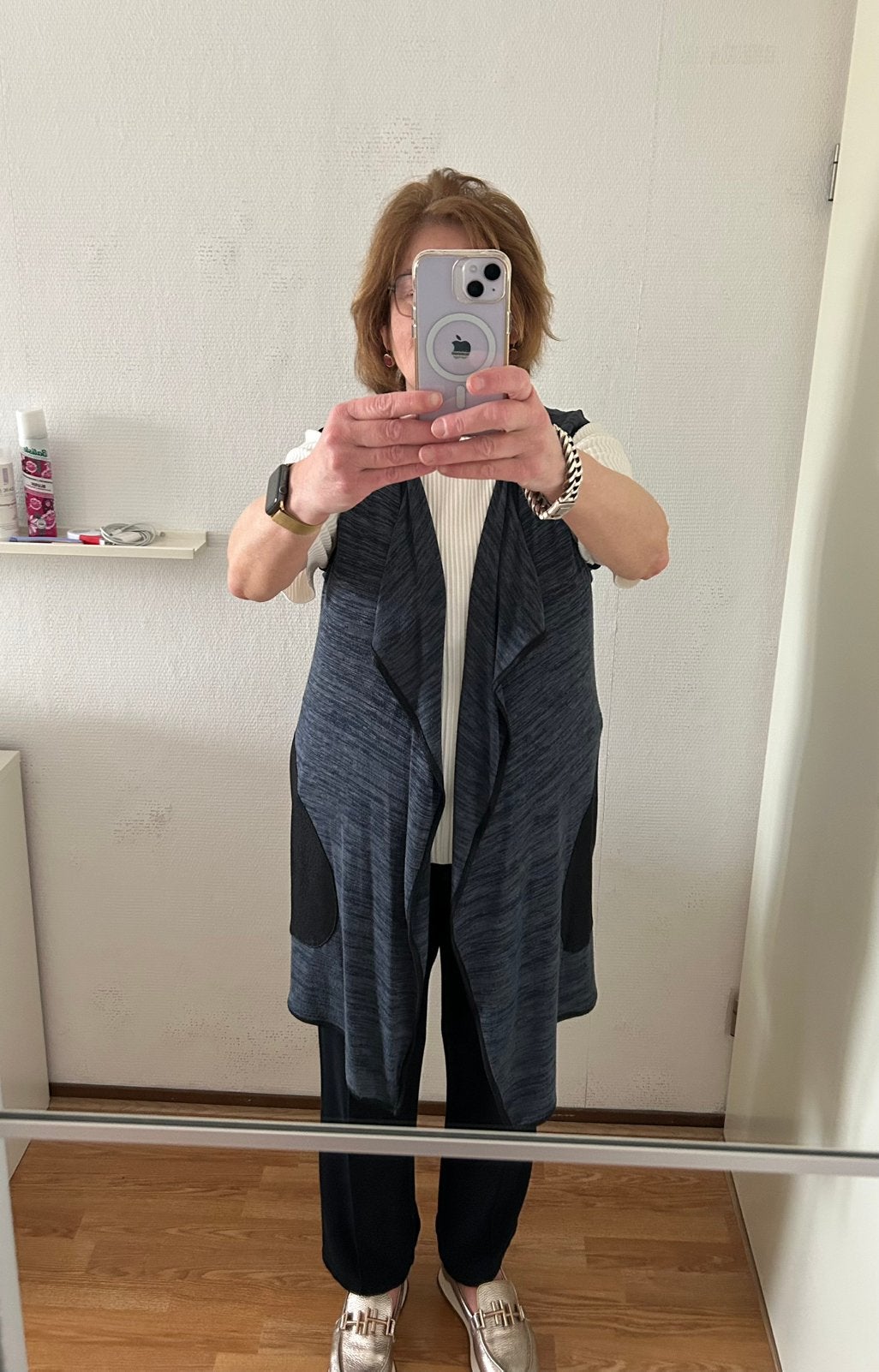 Poools vest donkerblauw gemêleerd met zwart, maat 44, Ophalen of Verzenden, Zo goed als nieuw, Maat 42/44 (L), Blauw