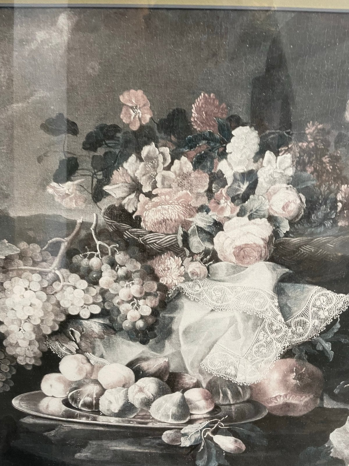 Klassiek stilleven met bloemen, fruit en eenden, Antiek en Kunst, Achter glas, Stilleven, Ophalen of Verzenden, Klassiek