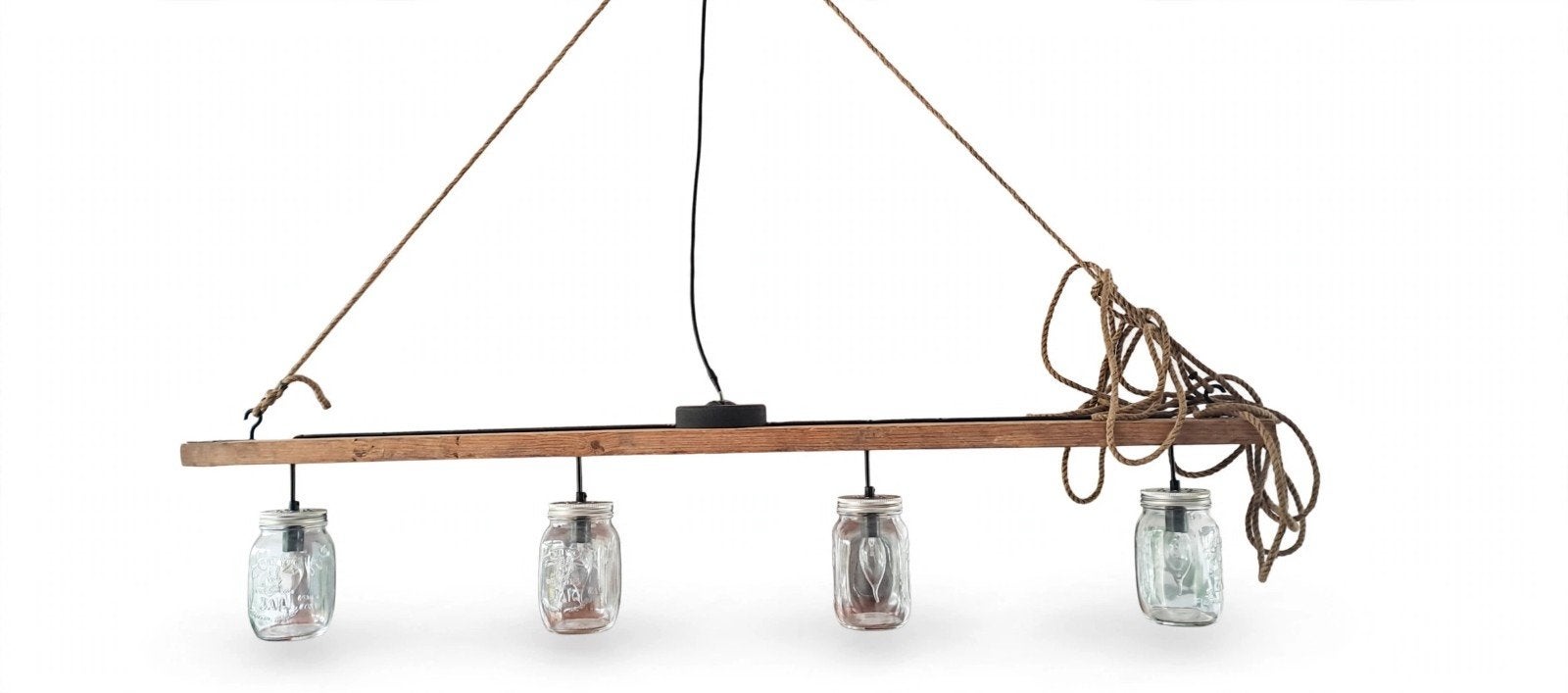 Hanglamp van steigerhout met glazen potten - 1.38m, Ophalen, Gebruikt, Glas, Landelijke, Industrieel, Rustiek