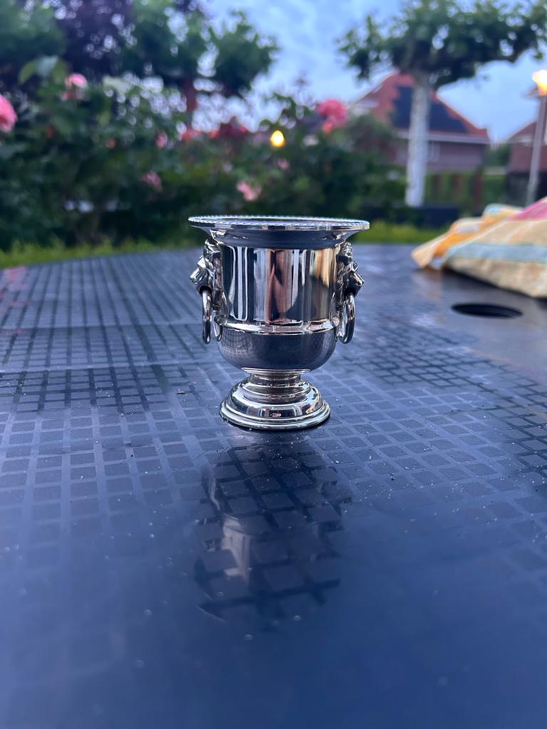 Zwaar verzilverd mosterdpotje met leeuwenkop-ornamenten, Antiek en Kunst, Ophalen of Verzenden, Zilver