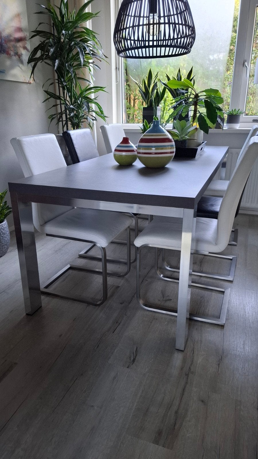 Moderne eethoek met 6 stoelen -  Antraciet en Chroom, Huis en Inrichting, Ophalen, Overige houtsoorten, Gebruikt, 50 tot 100 cm