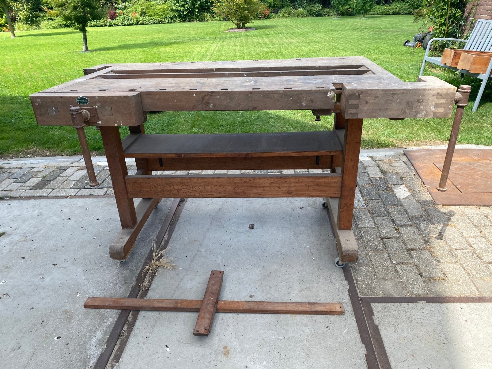 Vintage De Werkbank Hout met 4x bankschroef op wielen, Ophalen, Gebruikt, 120 tot 170 cm, Bankschroef