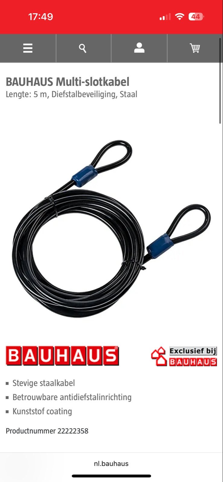 BAUHAUS Multi-slotkabel 5m - Diefstalbeveiliging Staal, Ophalen, Nieuw
