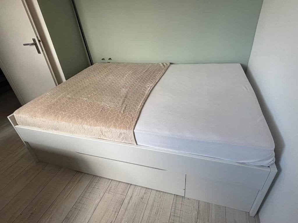 Tweepersoonbed 140X200 BUTIKEN met lades en lattenbodem, Ophalen, Wit, Modern klassiek, Tweepersoons