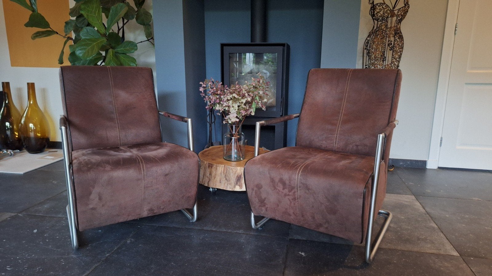 Set van 2 vintage fauteuils - Bruin leer en chroom, Ophalen, Gebruikt, Vintage, Industrieel, Retro, 75 tot 100 cm