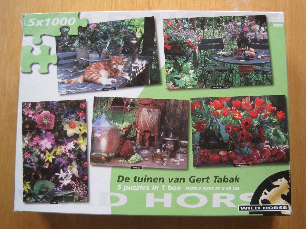 014 - 4 puzzels van "De tuinen van Gert Tabak", Ophalen of Verzenden, 500 t/m 1500 stukjes, Gebruikt, Legpuzzel