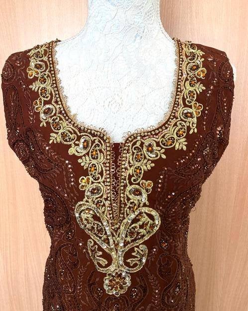 Zijden tuniek met gouddraad en kraaltjes maat M, Kleding | Dames, Ophalen of Verzenden, Zo goed als nieuw, Maat 38/40 (M), Bruin