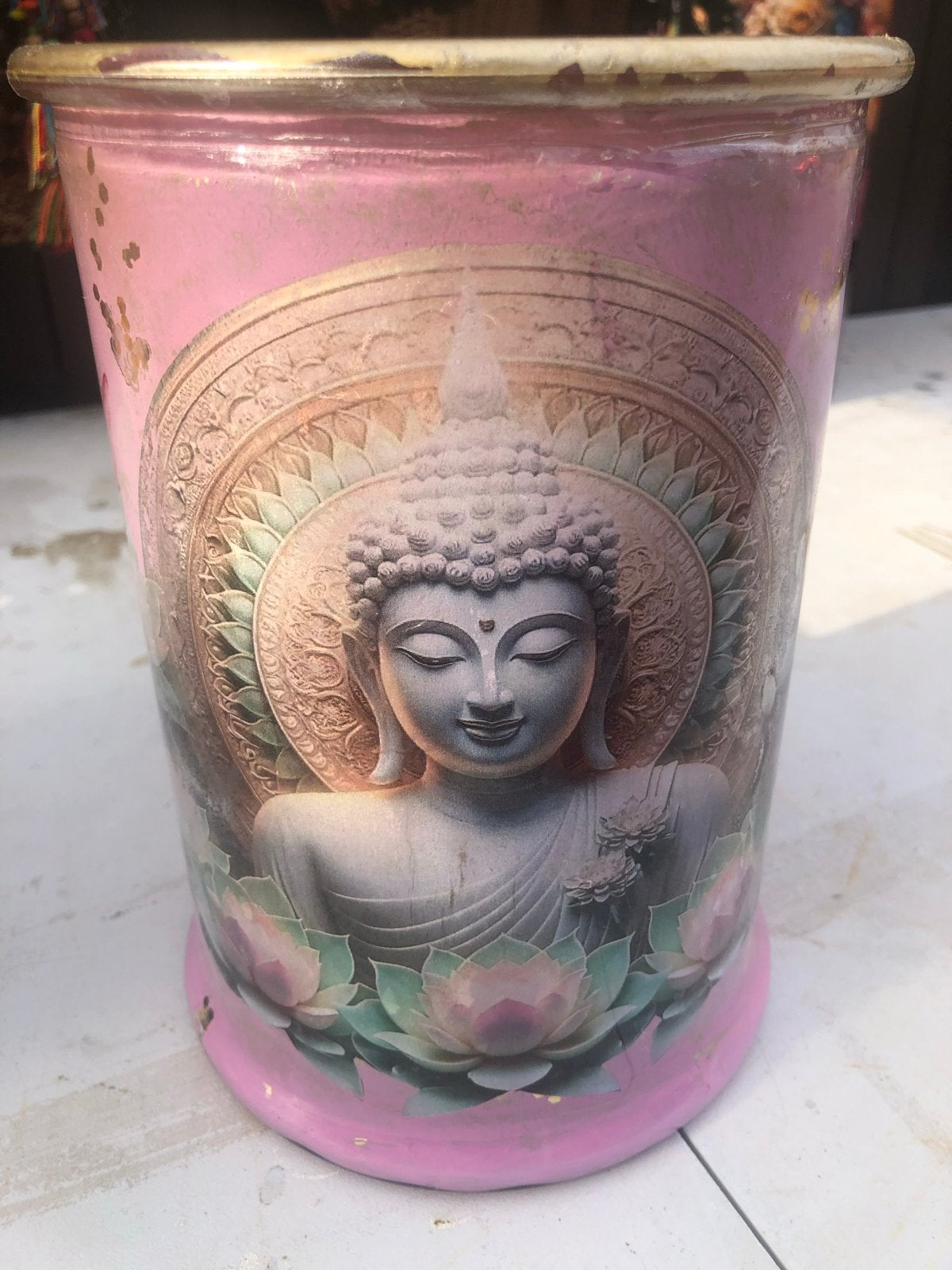 Vintage Decoupage Glazen Vaas met Boeddha en Levensboom, Ophalen of Verzenden