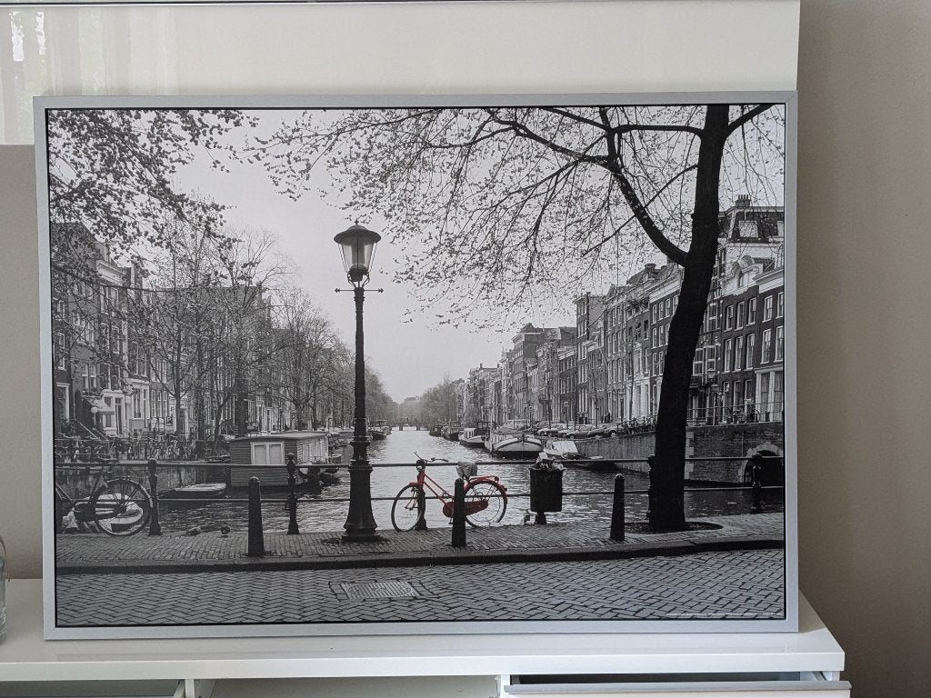 Zwart-wit prent Amsterdam, Huis en Inrichting, Woonaccessoires | Schilderijen, Tekeningen en Foto's, Ophalen, 125 cm of meer, Zo goed als nieuw