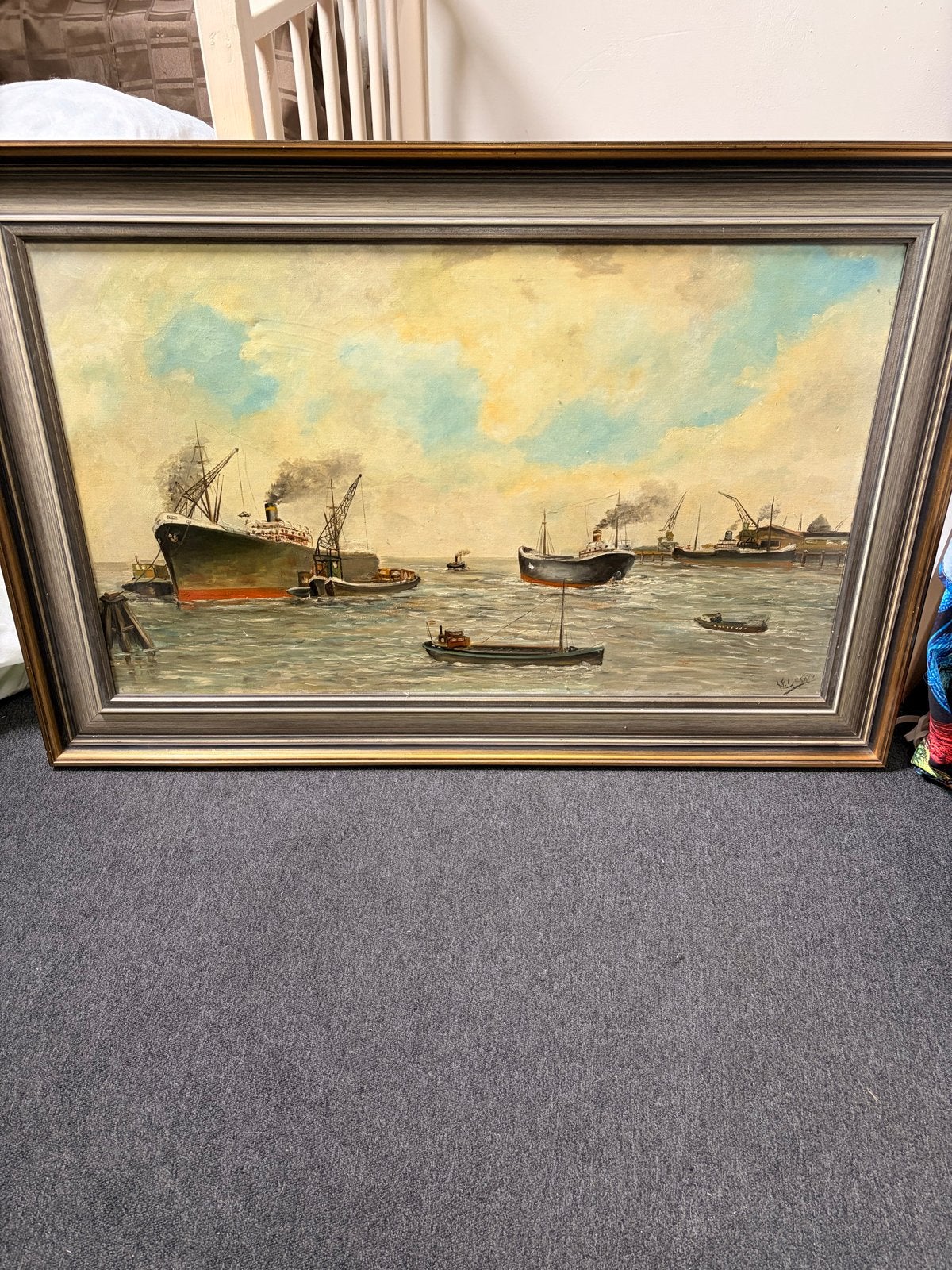 Maritiem Schilderij: Havenzicht met Schepen - Gesigneerd, Antiek en Kunst, Ophalen, Maritiem / water, Doek, Gesigneerd