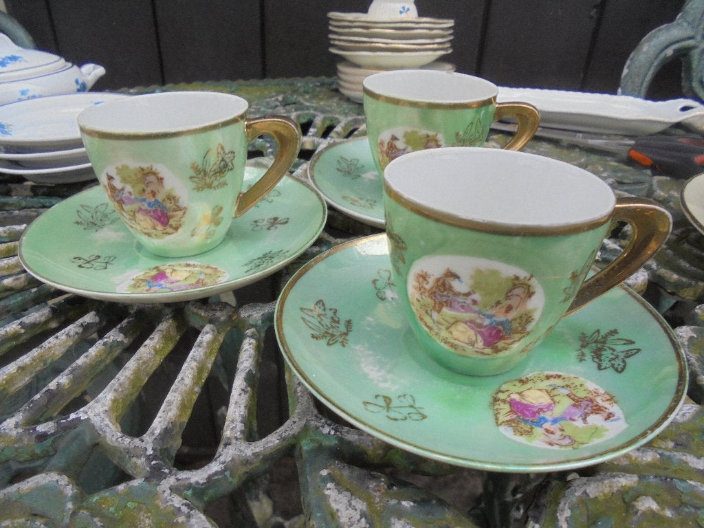 3 x Mokka Kop en schoteltjes groen parelmoer goud romantiek, Ophalen of Verzenden