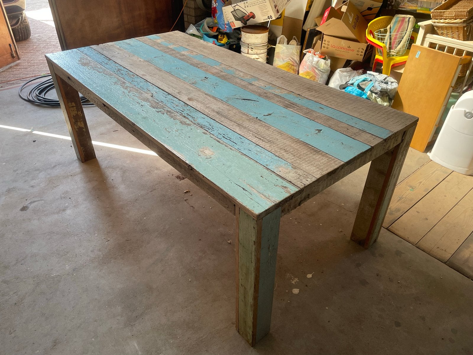 Unieke tafel van Indonesisch botenhout, Ophalen, Gebruikt, 200 cm of meer, 50 tot 100 cm