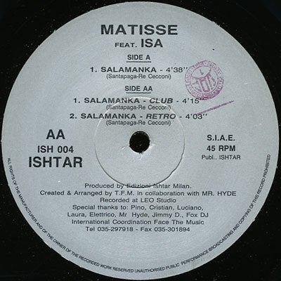 Matisse featuring isa  salamanka  maxi single, Ophalen of Verzenden, 12 inch, Beschermende buitenhoes, Zo goed als nieuw