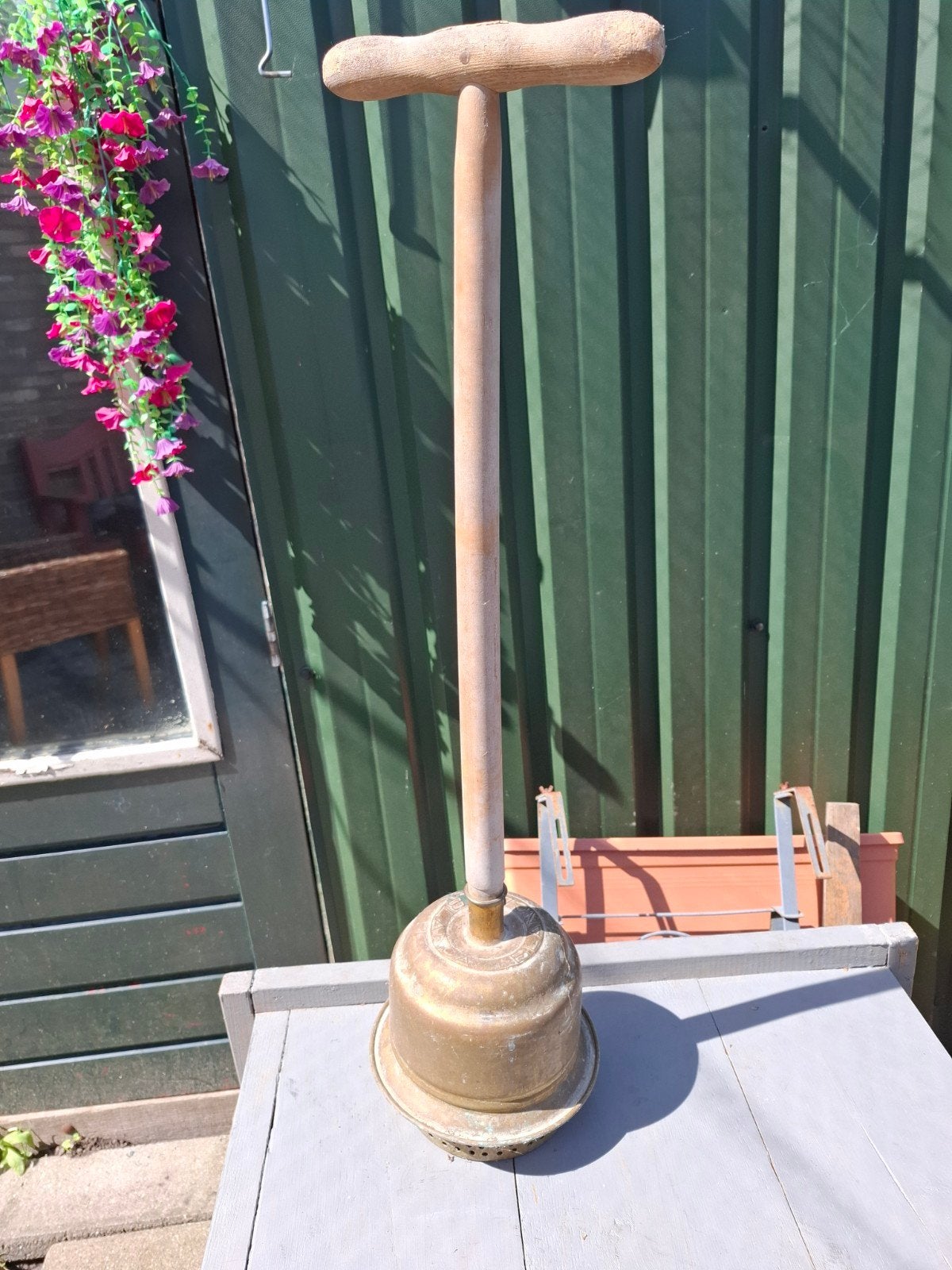 Antieke Wasstamper met Koperen Voet en Houten Steel, Antiek en Kunst, Ophalen of Verzenden