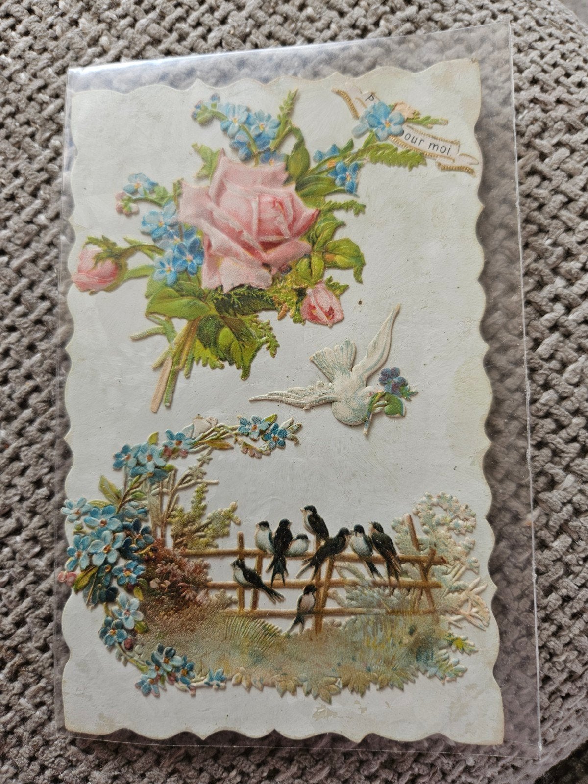 brocante poezie plaatjes Bloemen, vogels en duif, Ophalen of Verzenden, Voor 1920, Gelopen