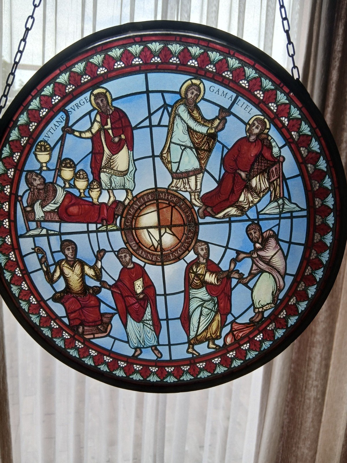 Antiek glas-in-lood raam met religieuze voorstelling, Ophalen of Verzenden