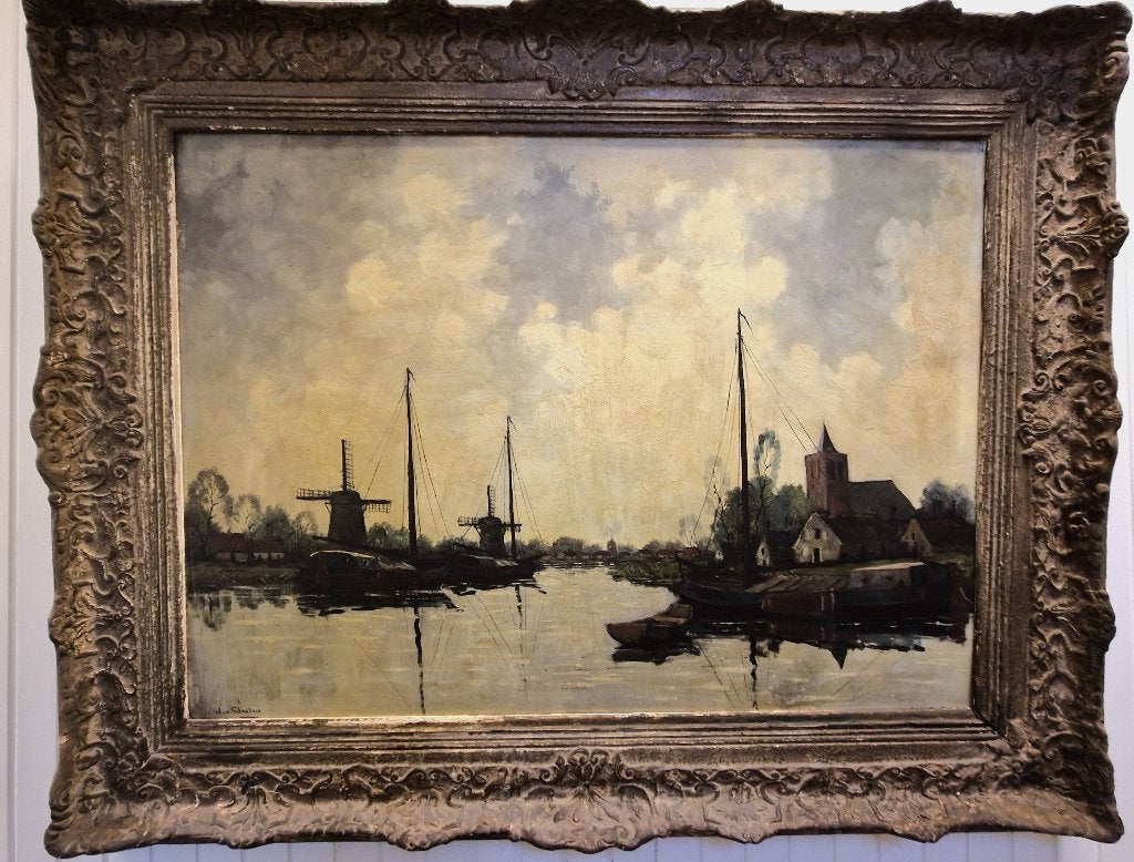 Dorpsgezicht aan de rivier, 110 jaar oud en GROOT !!!, Ophalen, Maritiem / water, Oud hollands, Overige ondergronden