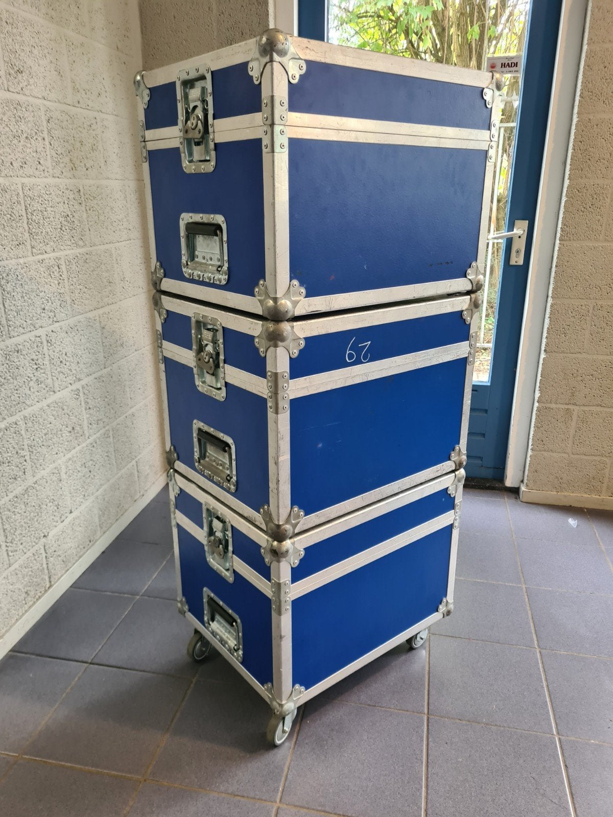 Set van 3 blauwe Meekel flightcases (1 op wielen), Ophalen, Gebruikt, Overige instrumenten, Flightcase