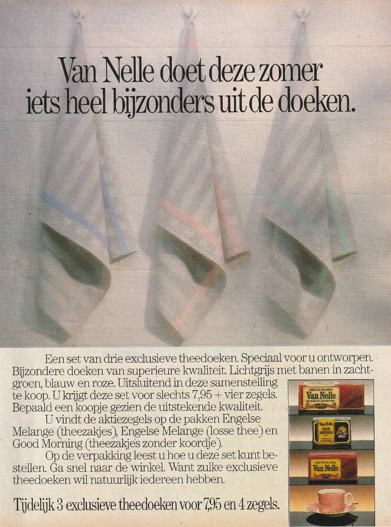 retro reclame 1986 Van Nelle thee actie theedoeken, Verzamelen, Retro, Verzenden, Overige typen
