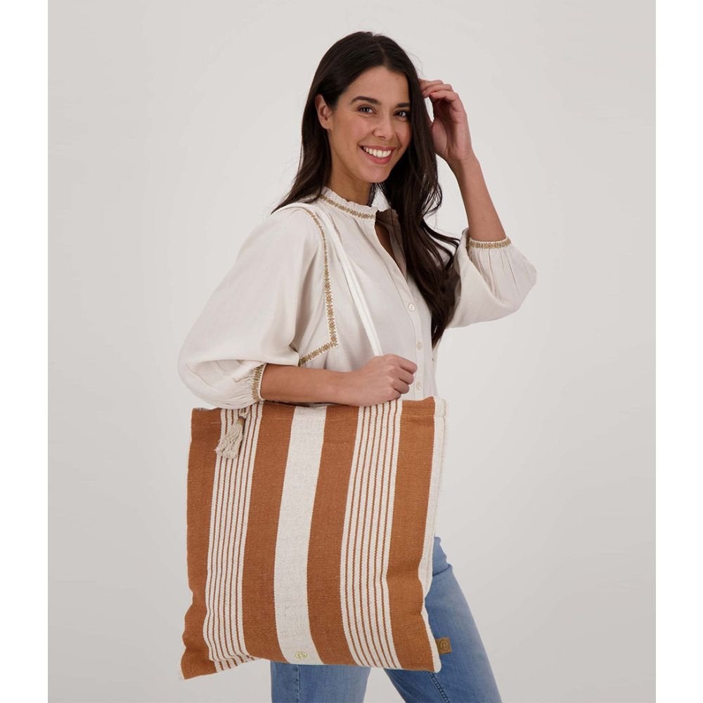 Zusss Gestreepte Tas Camel-Ecru - Katoen 45x48 nu €8,95, Sieraden, Tassen en Uiterlijk, Tassen | Damestassen, Ophalen of Verzenden