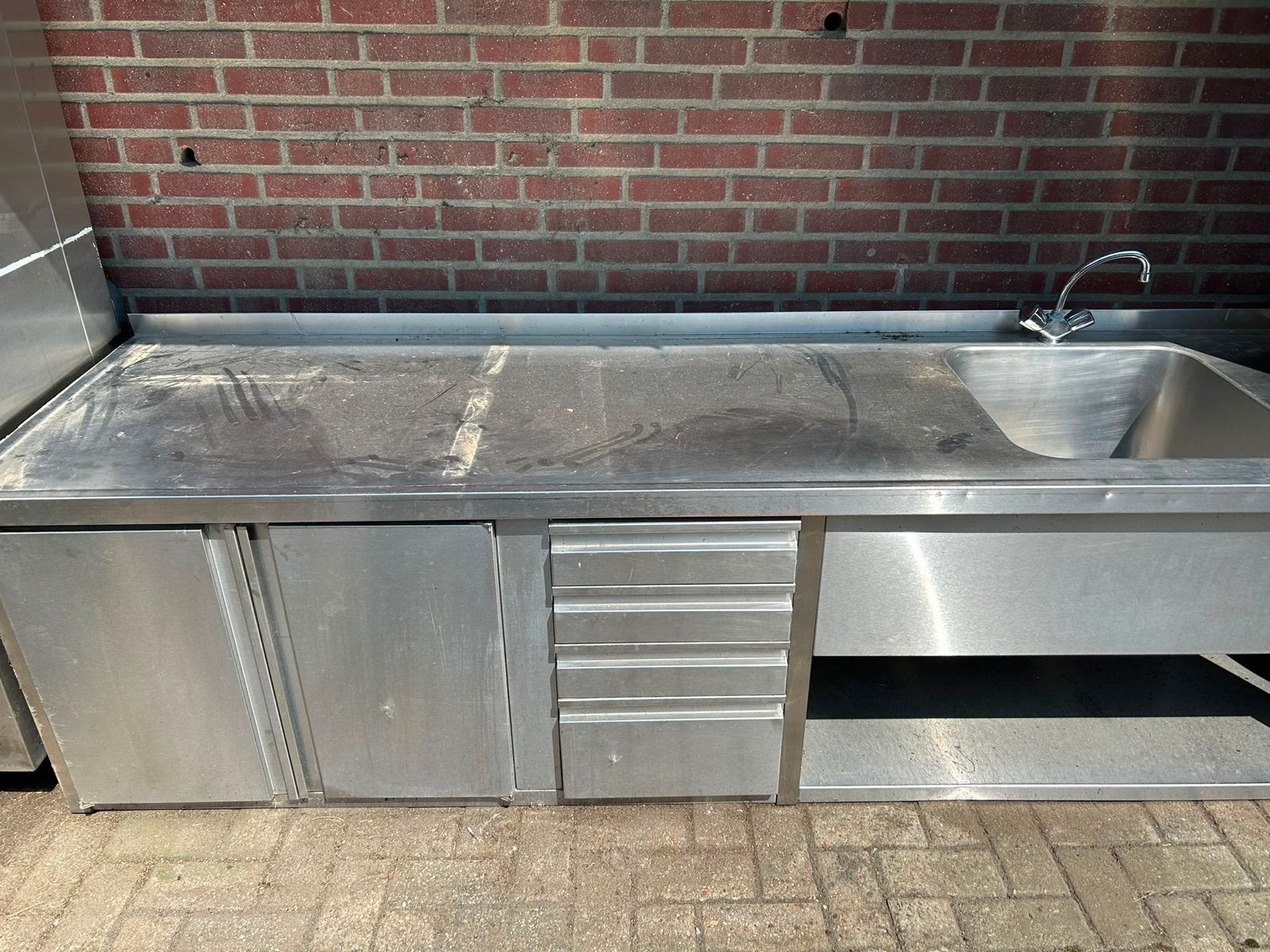 Professionele RVS Werkbank met Spoelbak en Lades, Ophalen, Gebruikt