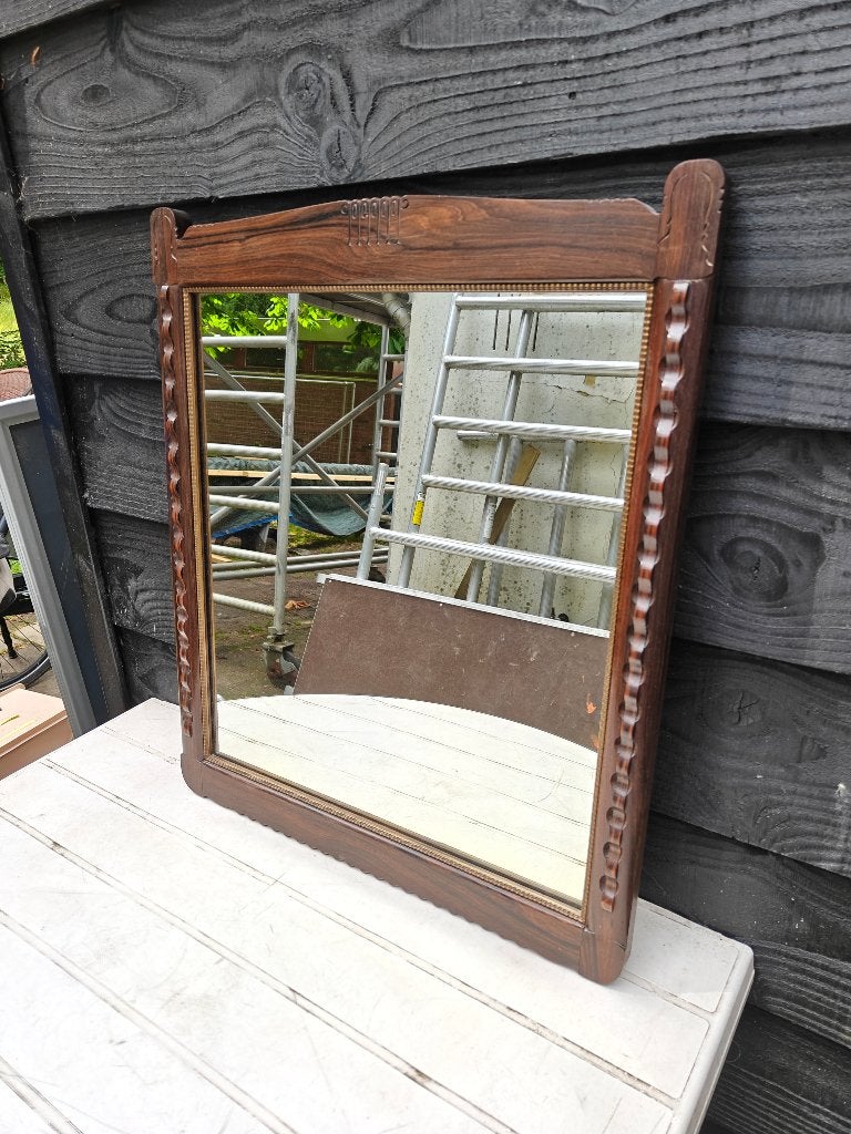 spiegel in eiken gesneden lijst, Antiek en Kunst, Ophalen, Rechthoekig, 50 tot 100 cm, Minder dan 100 cm