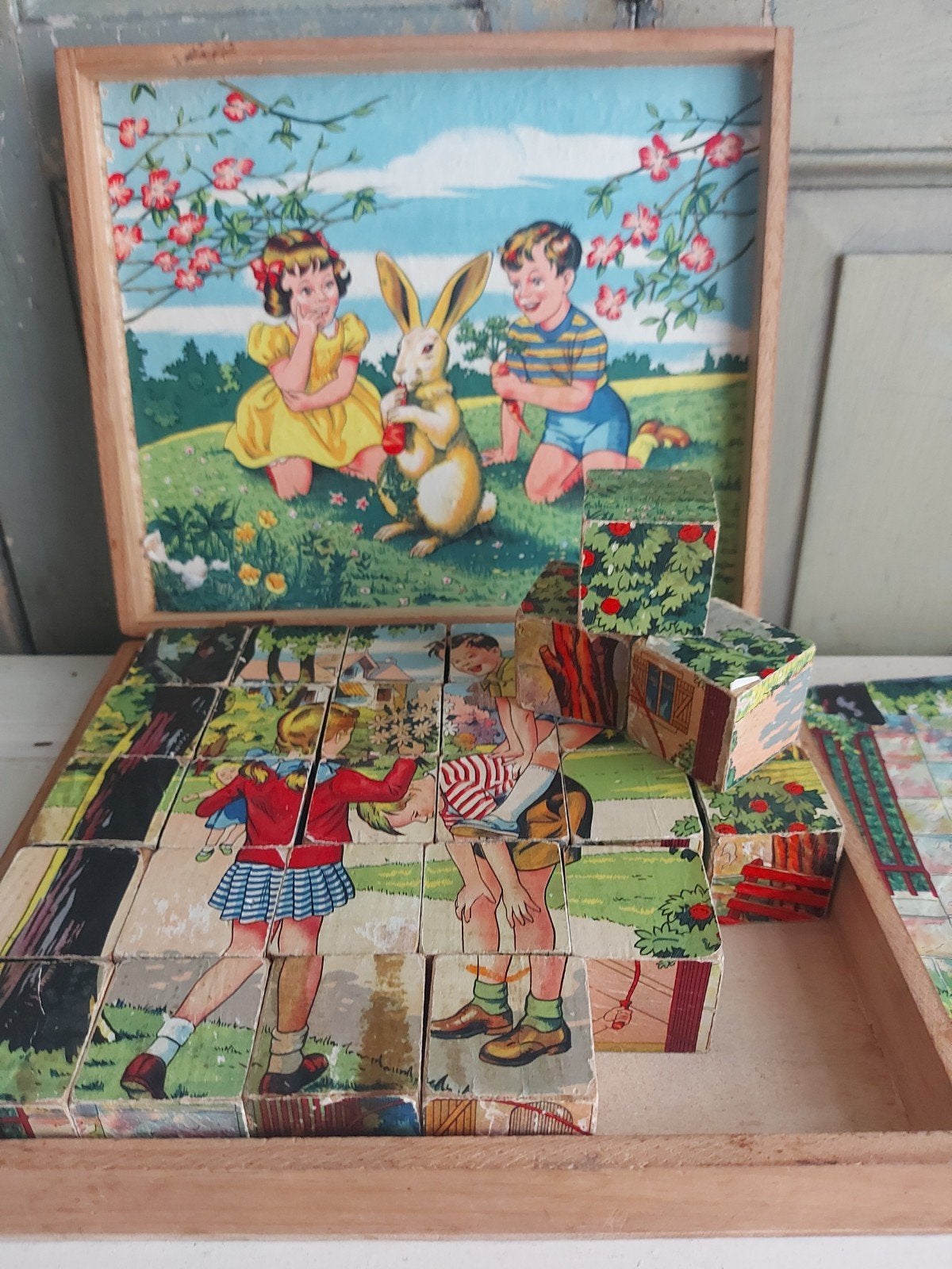 Vintage Blokkenpuzzel in Houten Kist - Nostalgisch Speelgoed, Ophalen of Verzenden