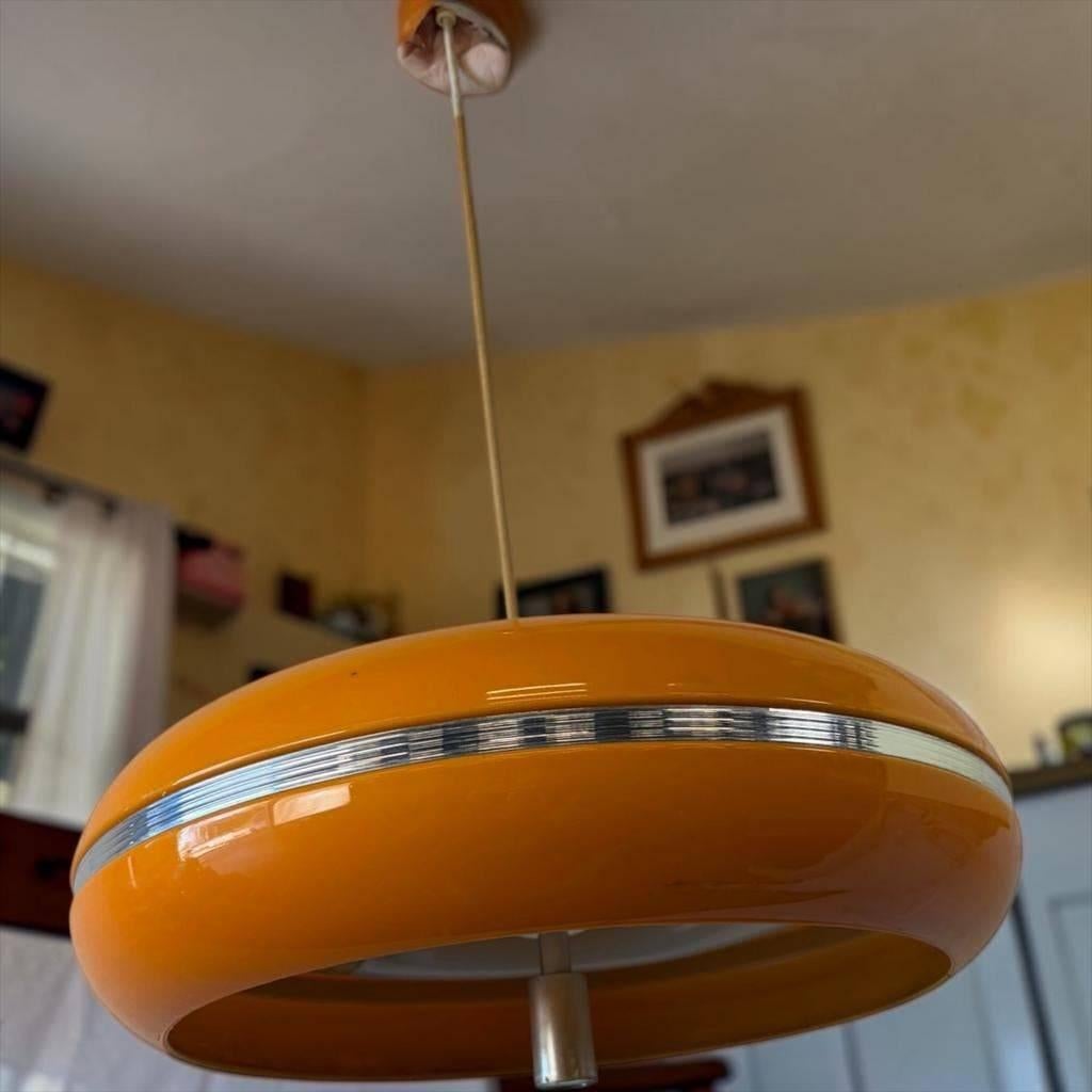 Vintage oranje space age UFO hanglamp / luster, Ophalen, Minder dan 30 watt, E27 (groot), Led-lamp
