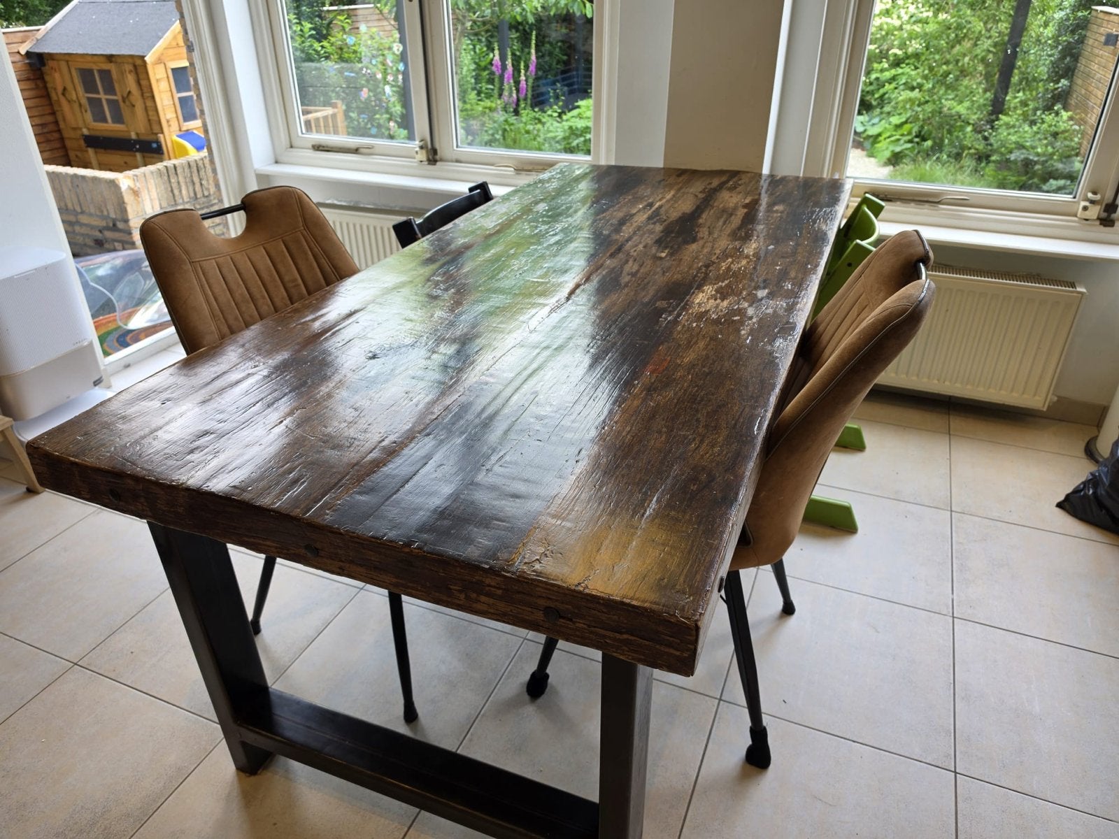 Robuuste houten eettafel met storlen 200x90, Huis en Inrichting, Tafels | Eettafels, Gebruikt, 50 tot 100 cm, 150 tot 200 cm, Vijf personen of meer