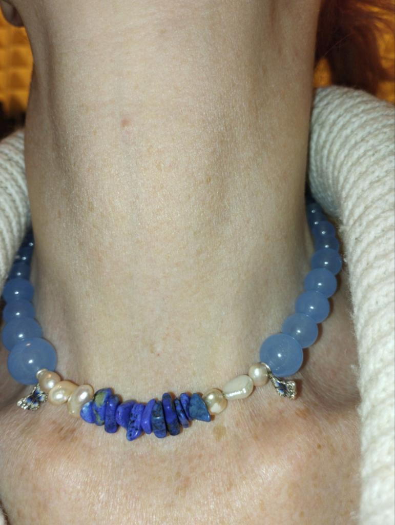 Aquamarijn & Lapis Lazuli Zilveren Vlinder Choker, Ophalen of Verzenden