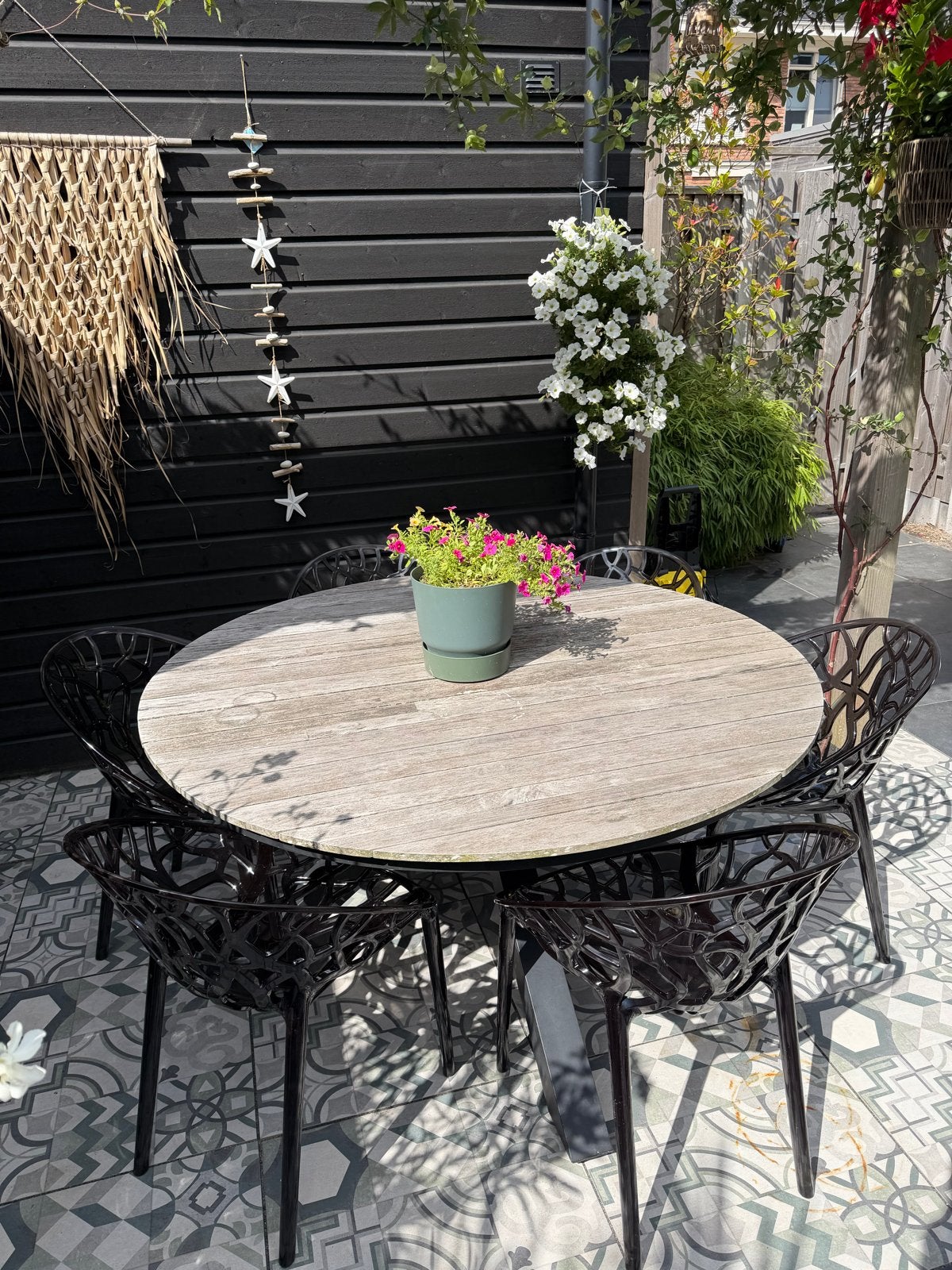 Tuintafel 150 cm met 6 stoelen, Ophalen, Gebruikt, Eettafel, 6 zitplaatsen