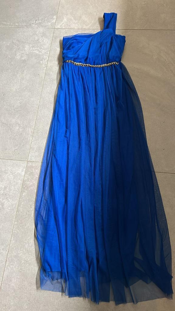 Donkerblauwe galajurk, Kleding | Dames, Ophalen, Zo goed als nieuw, Blauw, Onder de knie