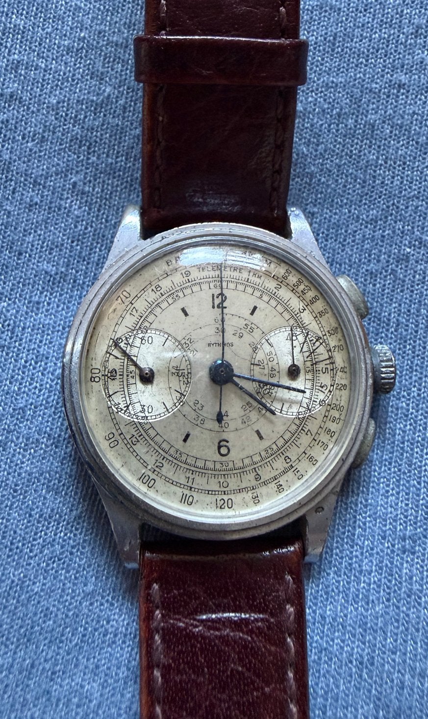 Vintage Rythmos Chronograaf met Berthoud cal. 385 uurwerk, Staal, Met bandje, Polshorloge, 1930 tot 1960