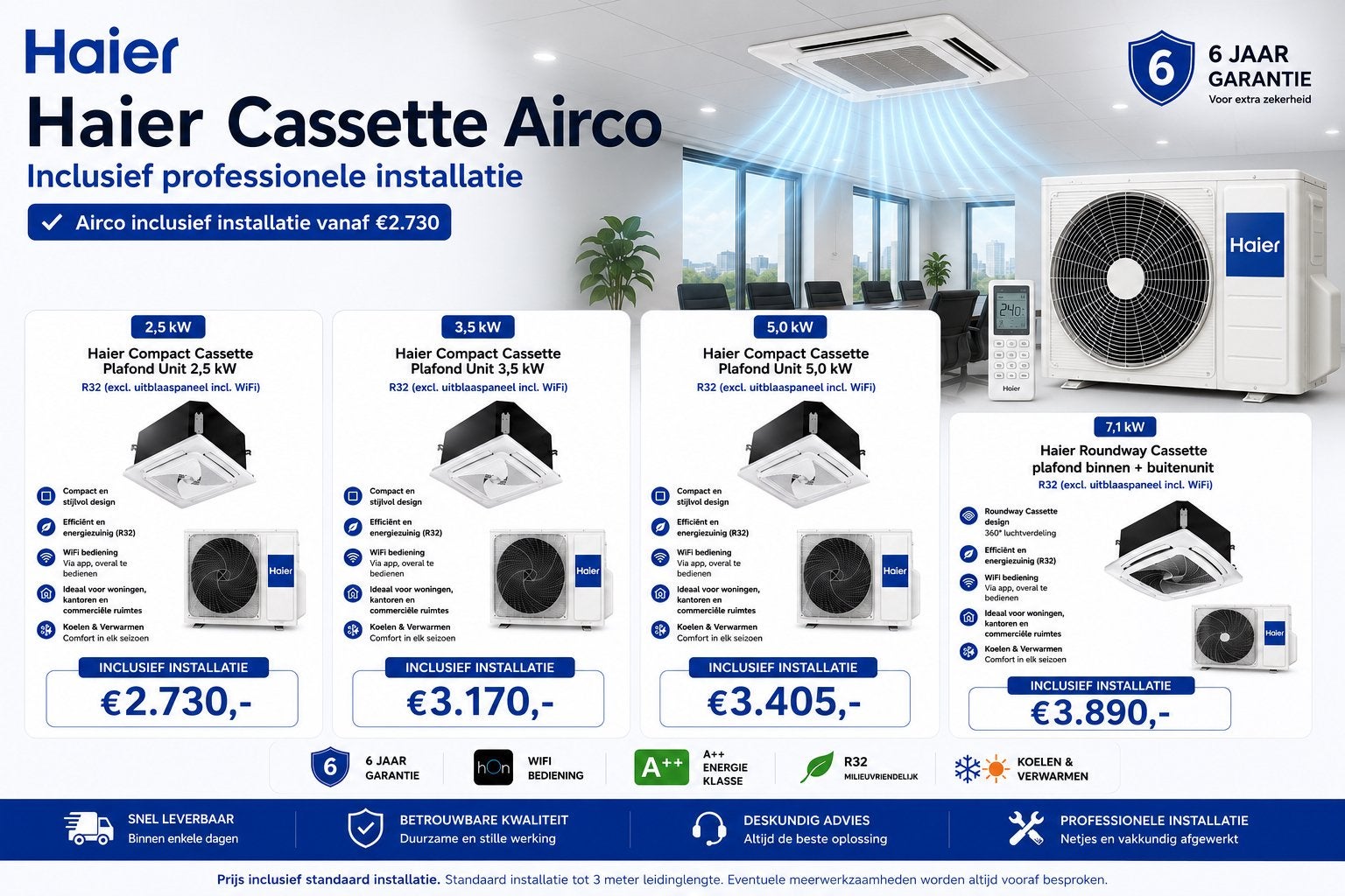 Cassette Airco inclusief installatie, Ophalen, Nieuw, 3 snelheden of meer, 100 m³ of groter