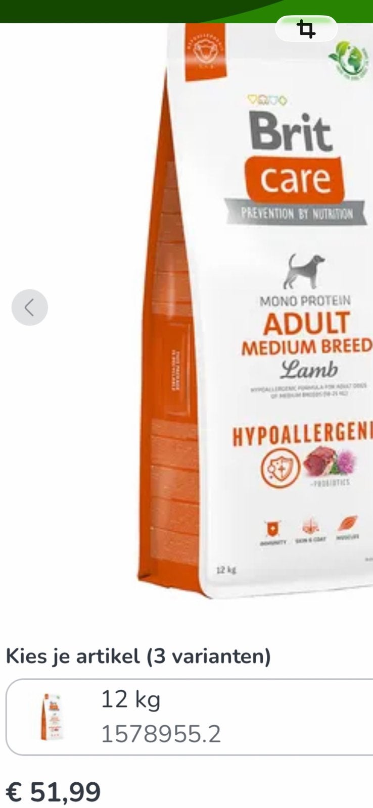 Britt care hypoallergenic adult medium breed lam/rijst 10 +k, Ophalen, Hond