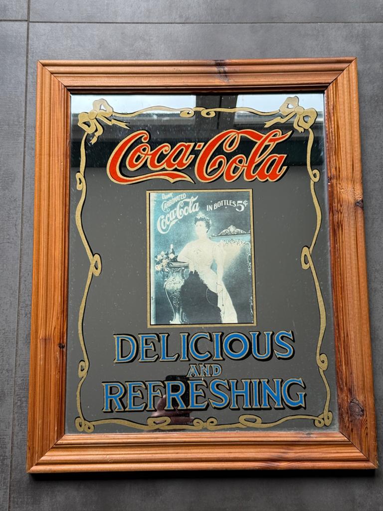 Vintage Coca-Cola spiegel - Delicious and Refreshing, Antiek en Kunst, Ophalen of Verzenden, Rechthoekig, Minder dan 50 cm, Minder dan 100 cm
