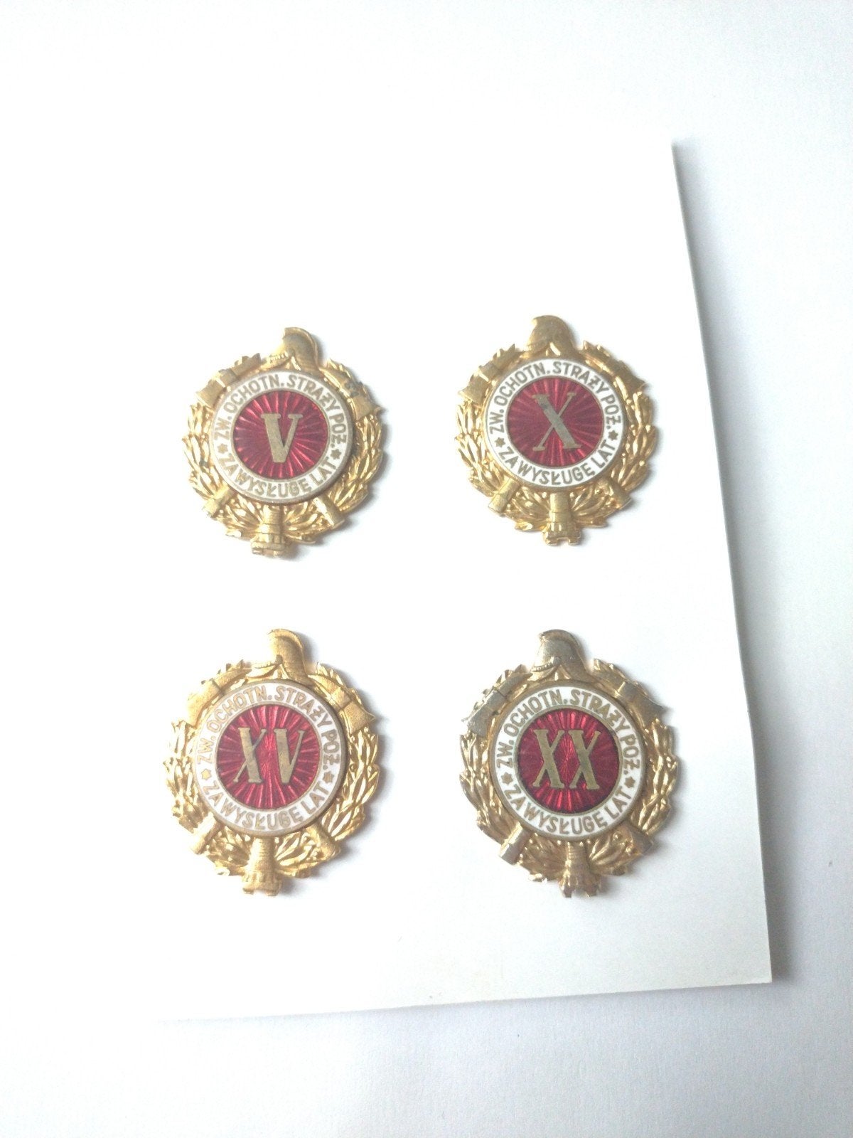 Brandweer polen medaille Dienstjarenteken V X XV XX, Ophalen of Verzenden, Overige soorten, Overige gebieden, Lintje, Medaille of Wings