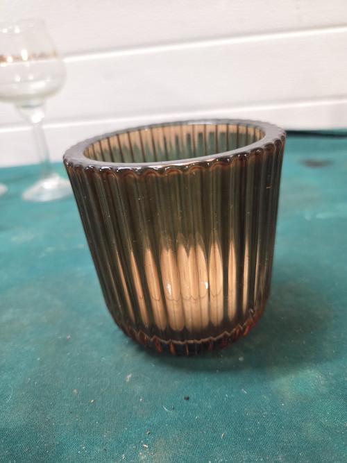 waxinelichthouder bruin geribbeld glas, Ophalen of Verzenden, 'T Olde Gre-j, Info@toldegrej.nl, Endepoelstraat 20f Didam