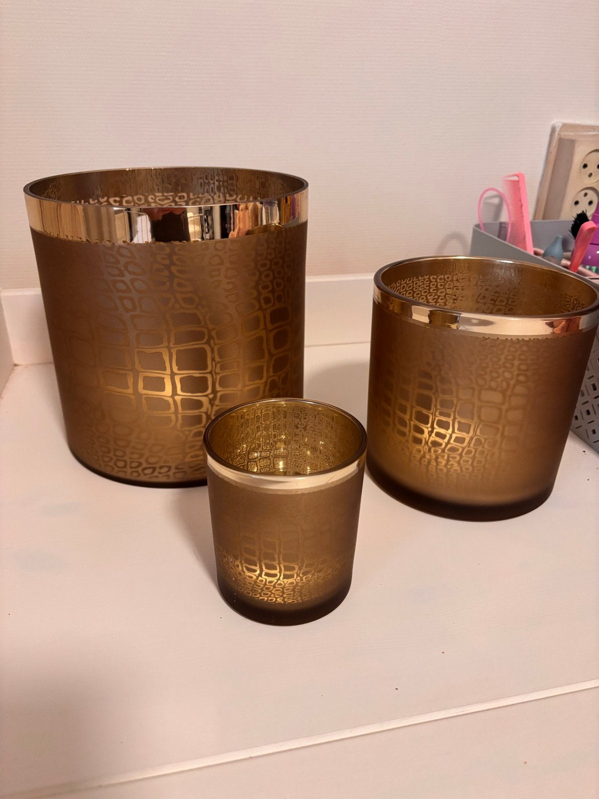 Ptmd Set van 3 gouden waxinelichthouders/windlichten, Ophalen, Waxinelichthouder, PTMD, Goud