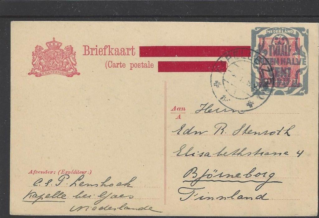 Nederland briefkaart opdruk 12 1/2 Cent op 5 cent Wilhelmina, Verzenden, T/m 1940, Gestempeld
