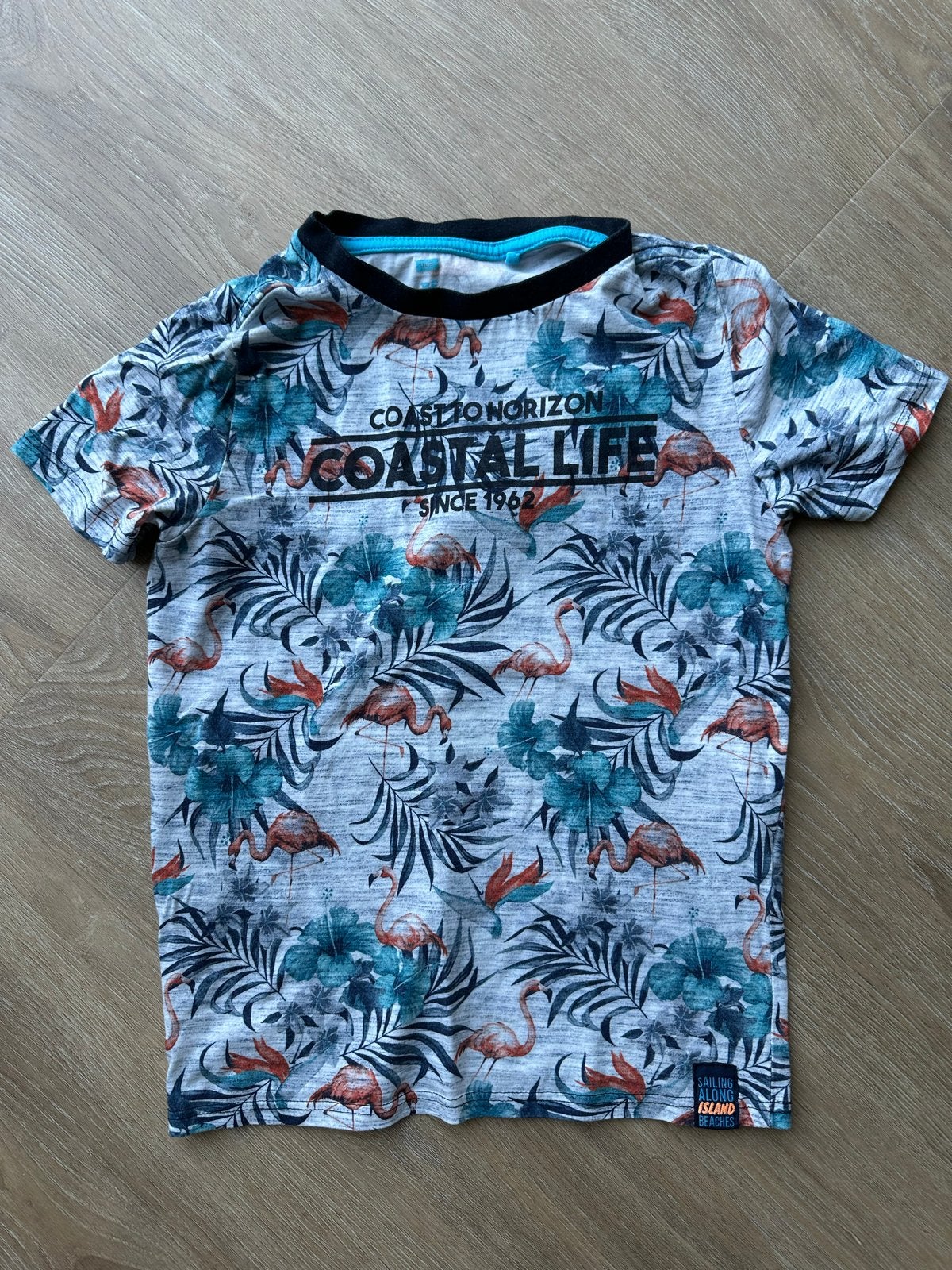 WE Fashion T-shirt flamingo's tropische print maat 134/140, Ophalen of Verzenden, Gebruikt, Jongen, Shirt of Longsleeve
